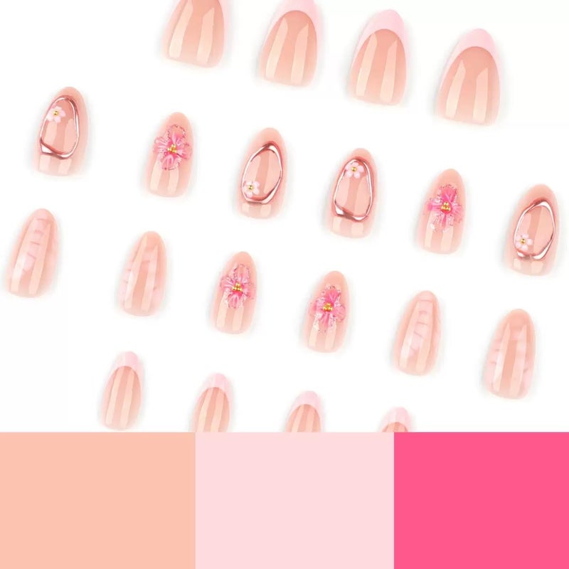 CTTHNBD Short Press on Nails Almond Fake Nails with 3D Flower Design Glue on Nails French Tip Gold Circle Glossy Full Cover Stick on Nails Elegant Acrylic Nails for Women 24 Pcs - Image 3
